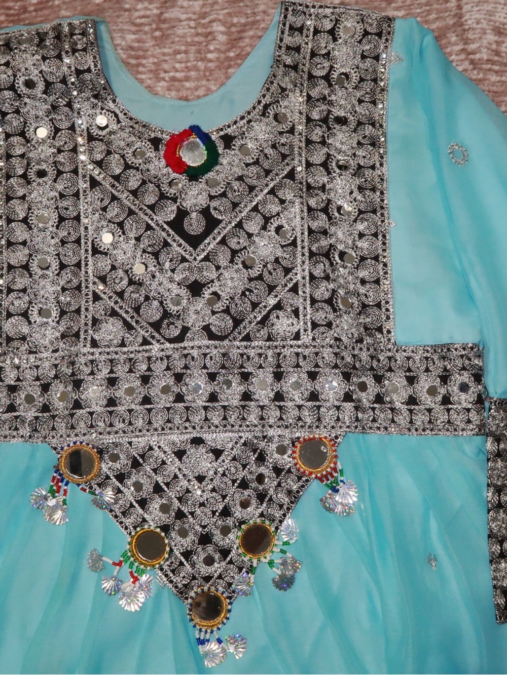 Embellished Turquoise Afghan clothes with Mirrorwork
